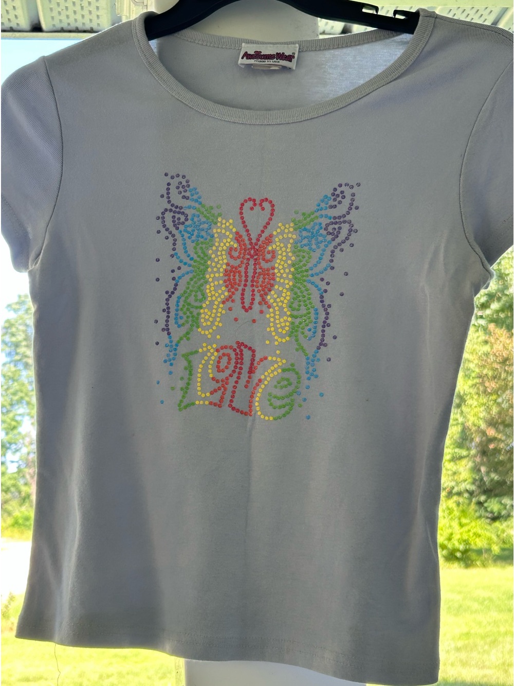 Vintage American West Short Sleeve Tee with Multicolor Rhinestone Butterfly